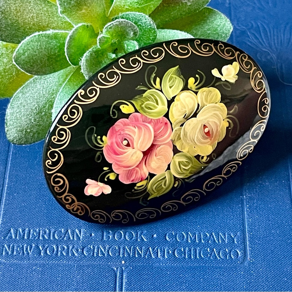 Vintage Hand Painted Signed Floral Russian Lacquered Brooch